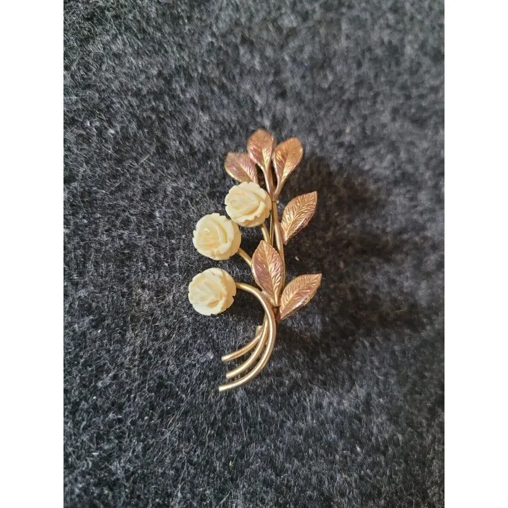 Vintage Brooch Carved Celluloid Rose Flower in Gold Tone